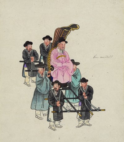 Un alto funcionario coreano, posiblemente el Primer Ministro, siendo llevado en una elaborada Silla de Manos, c. 1890 de . .