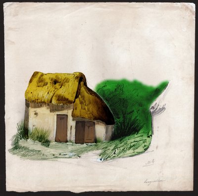 Una cabaña con techo de paja en el centro de Francia. ca. 1830 (ilustración) de . .
