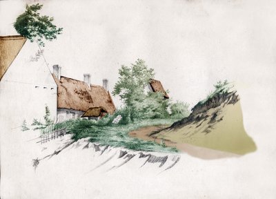 Una granja con techo de paja en el centro de Francia. ca 1850 (dibujo) de . .