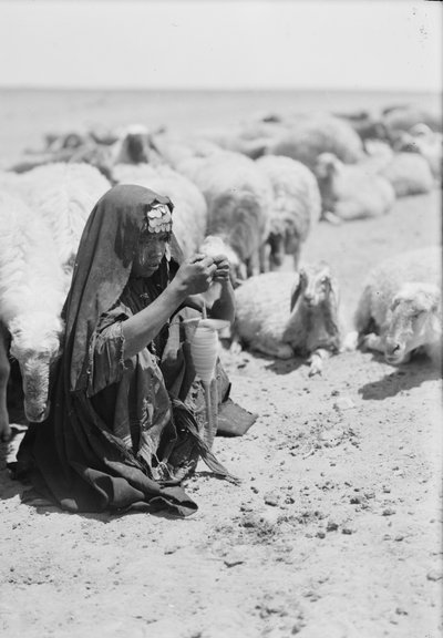 Una joven pastora beduina hilando cerca de Beersheba de . .