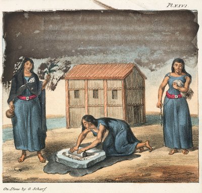 Mujeres indias araucanas moliendo maíz y hilando, Chile de Frederick (attr. to) Barnard