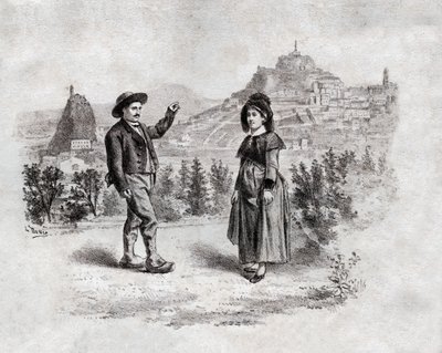 Auvergnats bailando el relleno en Puy en Velay, Francia. circa 1900 (grabado) de . .
