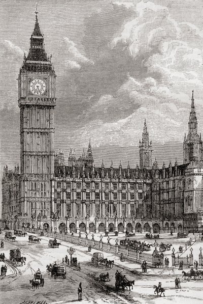 Big Ben y las Casas del Parlamento, Londres, Inglaterra, visto aquí en el siglo XIX. de . .