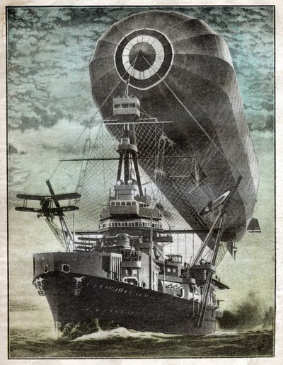 Pareja con coraza británica tiene un dirigible y un avión. Proyecto de barco de guerra. 1924 de . .