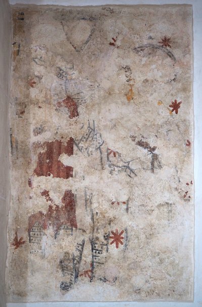 Borgoña, Lancharre, comuna de Chapaize 71460. En la iglesia de Notre Dame, pintura mural. Dos caballeros con cota de malla (fresco) de . .