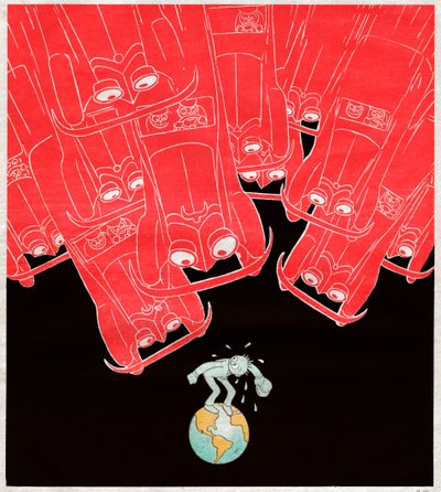 Coches atacando al último peatón en la tierra. 1929 (Caricatura) de . .