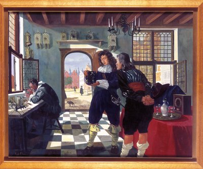 Relojeros Christiaan Huygens en la tienda de relojeros de Salomon Coster de Frederick (attr. to) Barnard