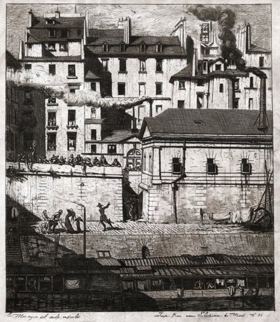 Escena del crimen con intervención policial en los muelles de París. circa 1860 (grabado) de . .