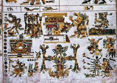 Detalle de una copia facsímil de una página del Códice Borgia mostrando las cuatro direcciones y el centro (litografía en color) de Hippolyte Lalaise Devéria