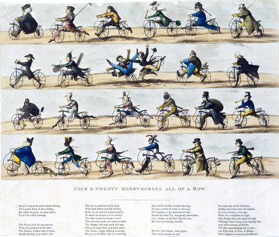 Draisiennes llamadas velocípedos: Cuatro y veinte caballos de hobby en fila de Ferdinand Georg Waldmuller