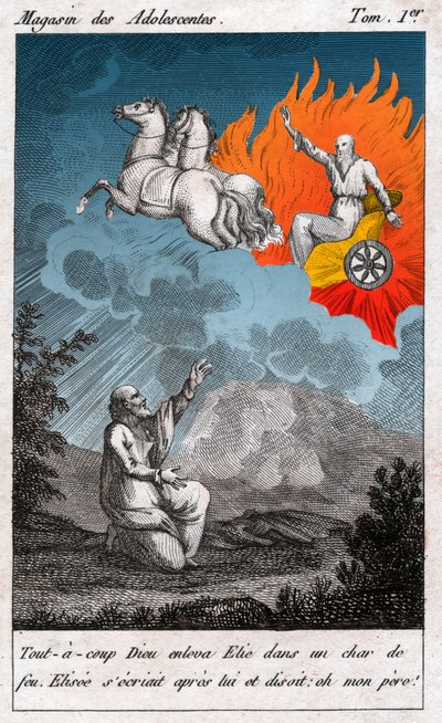 Elías asciende al cielo, circa 1880 (grabado) de . .