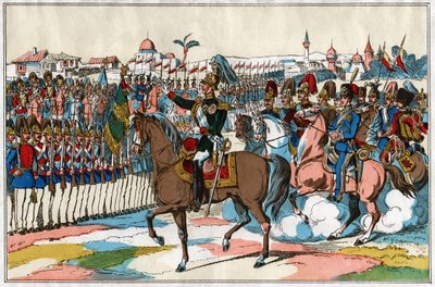 El emperador Alejandro II revisa sus tropas antes de la declaración de guerra a Turquía (1877), circa 1880 de . .
