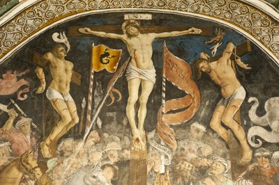 Famoso grupo de crucifixión por Hans Clemer, fresco en el coro, iglesia parroquial de Chiesa Parocchiale, Elva, provincia de Cuneo, Piamonte, Italia, Europa de Ferdinand Georg Waldmuller