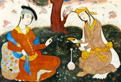 Fresco; dos amantes; miniatura persa; Chehel Sotoun; Palacio de las Cuarenta Columnas; Isfahan; Irán; Asia de Frederick (attr. to) Barnard