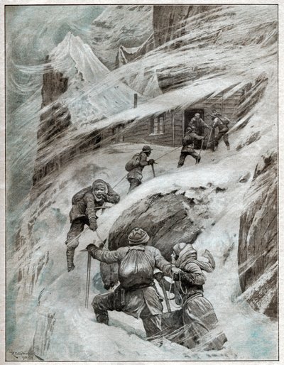 Turistas italianos atrapados en la tormenta en los Alpes italianos. 1925 (Ilustración) de . .