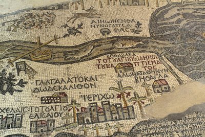 Jericó y sus alrededores, incluyendo el río Jordán y el Mar Muerto, detalle del mapa de Tierra Santa, mosaico del suelo, ca. 560 d.C., ábside de la Basílica de San Jorge, Madaba, Jordania, civilización bizantina, siglo VI d.C. de School Lebanese
