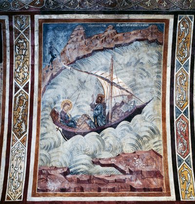Jesús calmando la tormenta, fresco en la bóveda de la iglesia del monasterio de Thari, isla de Rodas, Grecia de Georg Carl Heinrich Dollmann