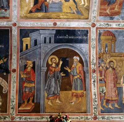 Jesús hablando con Poncio Pilato, bóveda con frescos de escenas de la vida de Jesús, monasterio Mikro Sotiris, isla de Symi, Grecia de Georg Carl Heinrich Dollmann