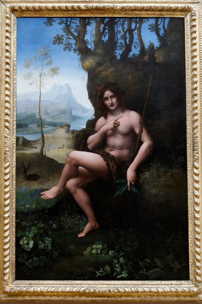 Museo del Louvre, París, Francia. Taller de Leonardo da Vinci, atribuido a Francesco Melzi, San Juan Bautista, óleo sobre panel transferido a lienzo, c. 1510-1520. de . .