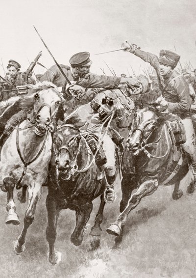 Combate montado entre cosacos rusos y caballería alemana conocida como los Húsares de la Muerte en Schwansfeld, entre Korschen y Bartenstein, Prusia Oriental, agosto de 1914 durante la Primera Guerra Mundial, de La Esfera de Ferdinand Georg Waldmuller
