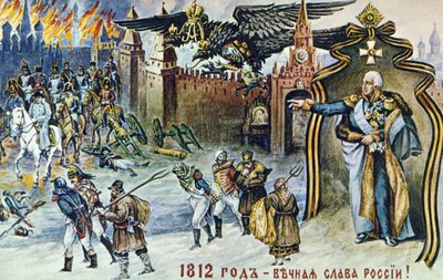 Guerra Napoleónica de 1812, representación de la retirada de Napoleón de Moscú supervisada por el águila bicéfala imperial rusa y el zar Alejandro I de Frederick (attr. to) Barnard
