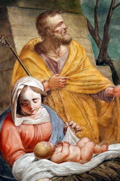Escena de la Natividad. Sagrada Familia. Basílica de Santa Maria delle Vigne. Génova. Italia. de . .