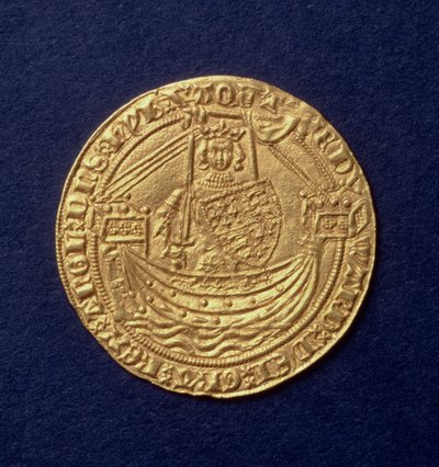 Noble de Eduardo III (1312-77) anverso mostrando al rey en un barco, ceca de Calais, intro. 1344 de Hippolyte Lalaise Devéria