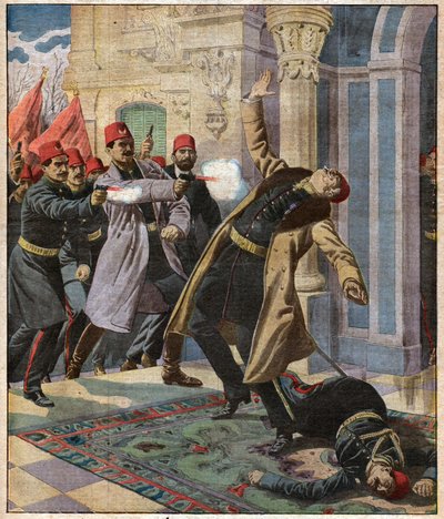 Golpe de estado otomano: Enver Pasha y el CUP invaden el Palacio Imperial y matan al ministro Nazin Pasha, 9 de febrero de 1913 de Ferdinand Georg Waldmuller