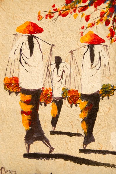 Pintura; mujeres asiáticas con sombreros de arroz; Vientiane; Laos; Sudeste Asiático; Asia de Frederick (attr. to) Barnard