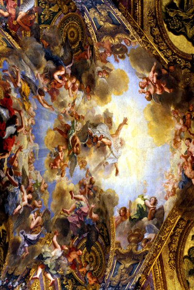 Pintura de la bóveda de la capilla real, realizada por Antoine Coypel (1661-1722). Se titula "El padre eterno en su gloria trayendo la promesa de redención al mundo". Capilla real comenzada por Jules Hardouin Mansart (1646-1708) en 1699 y completada de . .