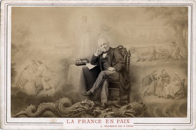 Comuna de París: Francia en paz retrato de Louis Adolphe Thiers (1797-1877) sentado en el dragón probable símbolo de la comuna de Frederick (attr. to) Barnard