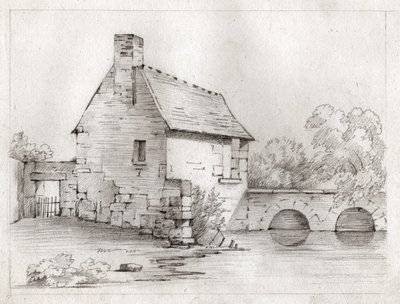 Casa campesina al borde de un río. circa 1830 de . .