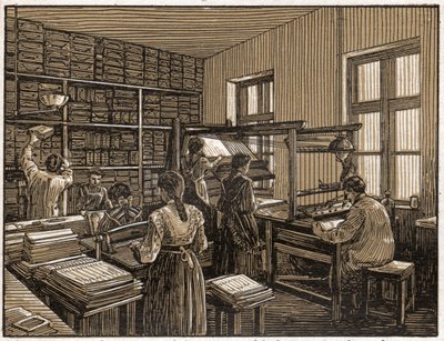 Casa de impresión en Budapest, Hungría: faconado y preparación de libros. Trabajo de mujeres. ca. 1910 (Ilustración) de . .