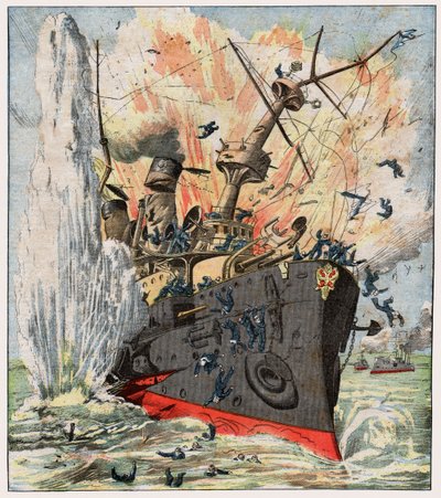 Buque de guerra ruso hundido por una mina japonesa en Port Arthur de . .