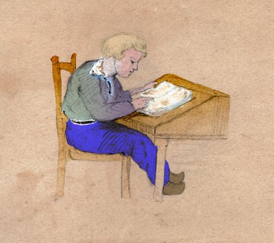 Escolar trabajando en su escritorio. circa 1830 de . .