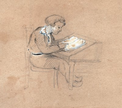 Escolar trabajando en su escritorio. circa 1830 de . .