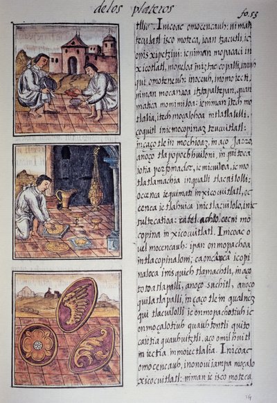 Producción de vajilla y escudos, página del Códice Florentino, versión bilingüe en español y náhuatl, Historia General de las Cosas de la Nueva España, por el misionero español Fray Bernardino de Sahagún. Civilización azteca de Georg Carl Heinrich Dollmann