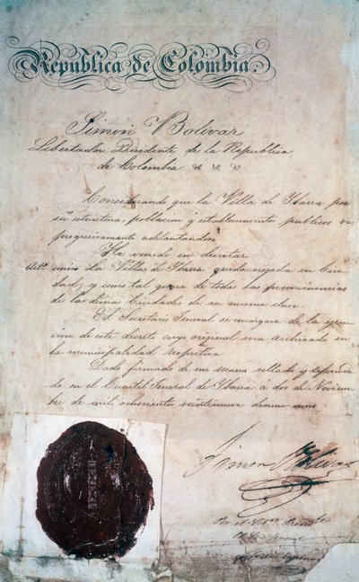 El acto por el cual Simón Bolívar declaró la ciudad de San Miguel de Ibarra, capital de la provincia circundante, en ese momento parte de la Gran Colombia (hoy Ecuador), 2 de noviembre de Georg Carl Heinrich Dollmann