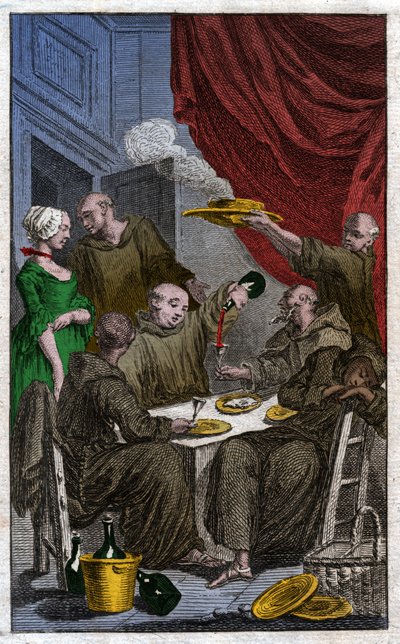 La fiesta de los monjes violando las reglas monásticas. Beben vino, cortejan a las doncellas. Siglo XVIII (grabado) de . .