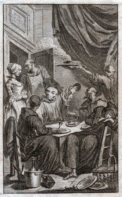La fiesta de los monjes violando las reglas monásticas. Beben vino, cortejan a las doncellas. Siglo XVIII (grabado) de . .