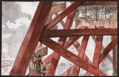 Turistas en las escaleras de la Torre Eiffel, París. Chefs cocinando en el restaurante del primer piso. 1889 (Ilustración) de . .