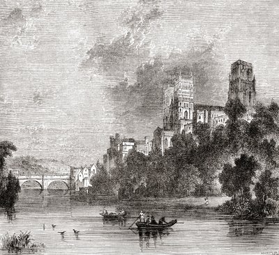 Vista de Durham y la Catedral, vista desde el río Wear, Durham, Inglaterra de . .