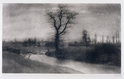 Paisaje invernal: árbol solitario junto a una curva en un río de Ferdinand Georg Waldmuller