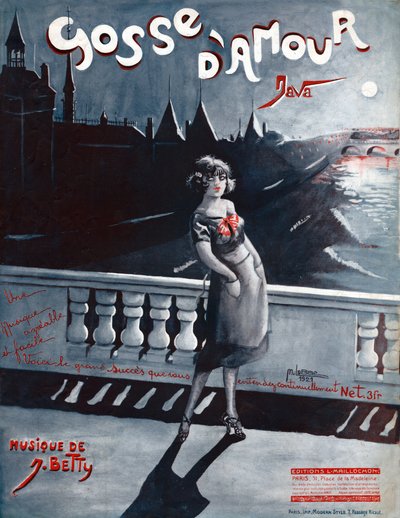 Mujer en el Pont au Change en París, detrás de ella el Sena y la Conciergerie. 1921 (ilustración) de . .