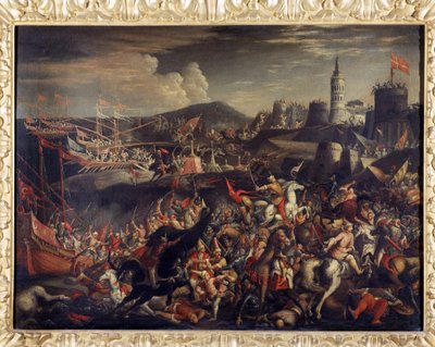 Ataque de los sarracenos en la isla de Malta, defendida por los Caballeros Hospitalarios en 1565 de Italian School