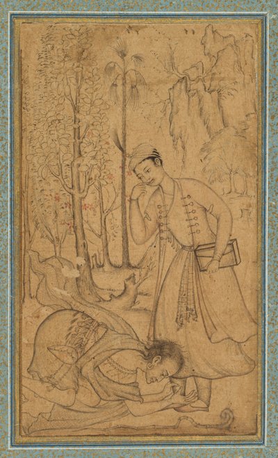Un hombre santo postrándose ante un príncipe erudito, c. 1585, borde añadido probablemente en 1700s de   Manohar