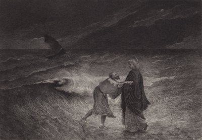 Jesús y San Pedro en el mar de after Albert Robida