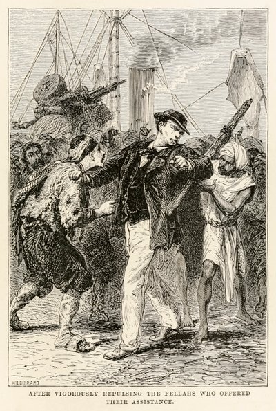Después de rechazar vigorosamente a los fellahs que ofrecieron su ayuda, de La vuelta al mundo en ochenta días de Julio Verne de after Alphonse Marie de Neuville