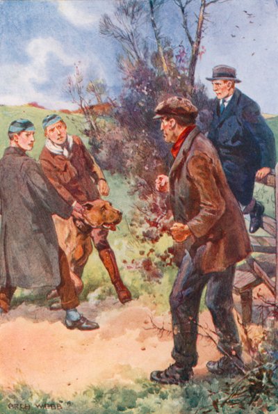 El hombre retrocedió con una risa incómoda, sus ojos aún fijos en el perro de after Archibald Bertram Webb