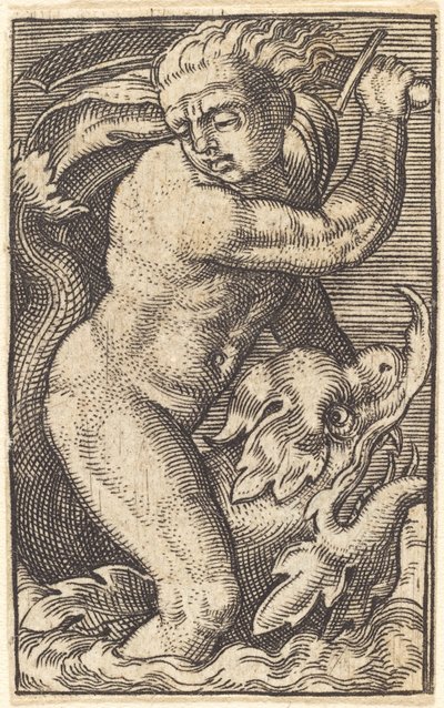 Copia invertida de "Dios del mar a la izquierda montando un delfín" de after Barthel Beham